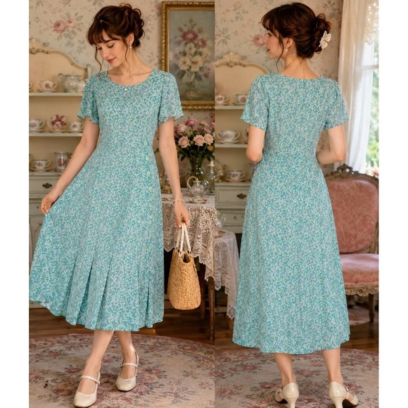 Leslie Fay Dresses & Skirts - Vintage 90s Leslie Fay Floral Midi Dress Aqua Side Button Cottagecore 10P